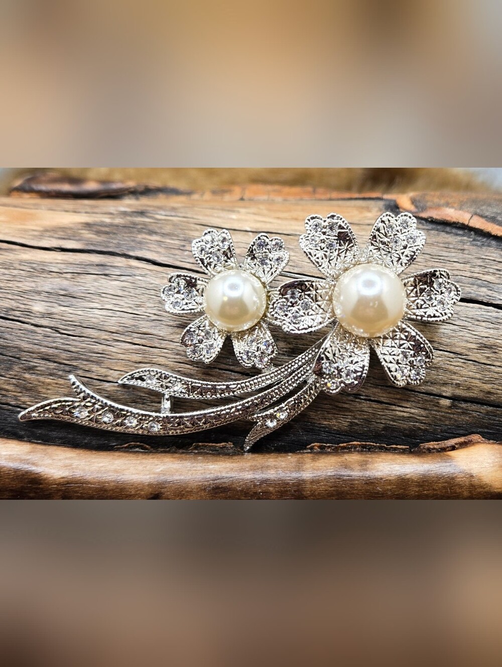 Pearl & Crystal Floral Brooch Silver Tone Modern 3" X 1½"